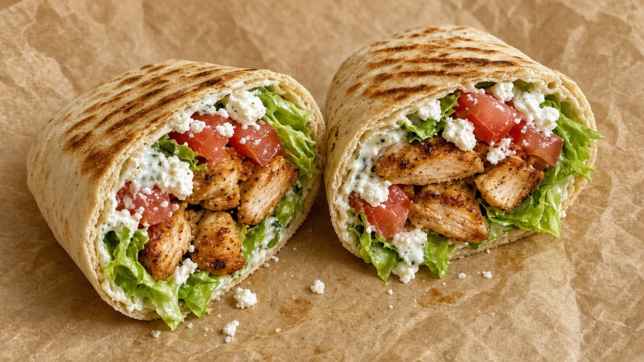 Grilled chicken pita wrap sliced in half on parchment paper